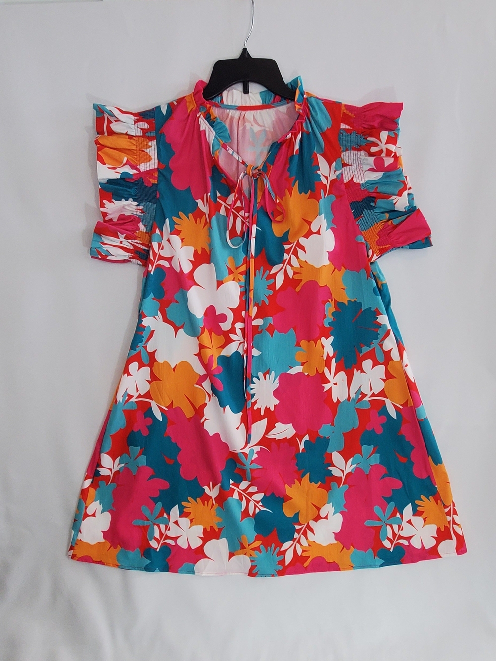 Bright Floral Cold-Shoulder Dress - Pink Teal Orange